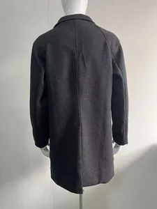 Detailed back view of a classic charcoal grey men's long wool blend winter coat