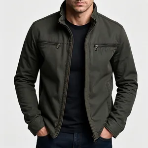 Men's Casual Vintage Workwear Jacket Polyester Cotton Blend Stand Collar Multi-Pocket Zip Up Coat For Spring Autumn