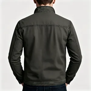 Back view of men's vintage olive green utility jacket featuring decorative white stitching