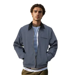 Men's slate blue zip-up jacket with contrast black collar for casual workwear style