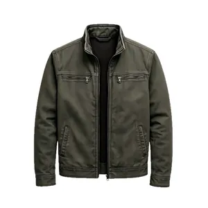Men's retro military work jacket with stand collar and zipper pockets in olive green