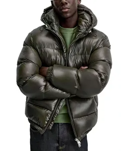 Close-up of olive green shiny hooded puffer jacket highlighting the metallic texture
