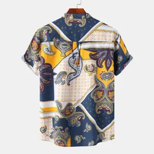 Back view of a men's casual short-sleeved shirt featuring a vibrant multi-color paisley print