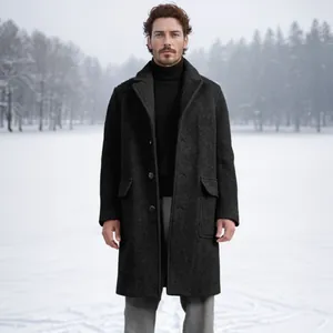 Men Vintage Long Woolen Coat Fashion Single Breasted Polyester Overcoat Warm Winter Jacket For Daily Office Outdoor