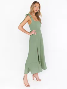 Elegant sage green midi dress with shoulder ties and front slit for summer