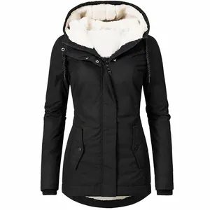 Women's black hooded jacket featuring warm fleece lining and functional front pockets