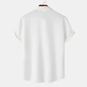 Back view of a white short-sleeved men's casual shirt with textured fabric detail.