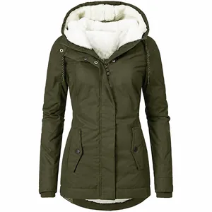 Women's olive green hooded jacket with warm white fleece lining and pockets