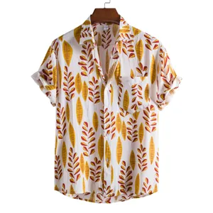 Casual men's short-sleeved shirt with vibrant yellow and red tropical leaf print