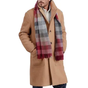 Stylish men's vintage camel long wool coat with plaid scarf and single-breasted design