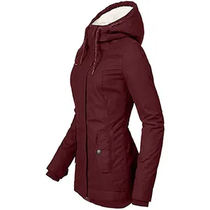 Detailed side view of a women's burgundy winter jacket with warm fleece lining.