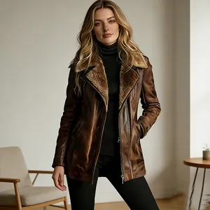 Veste Shearling Femme Vintage en Daim Synthétique Revers Délavé Fermeture Éclair Manteau Mi-long Top Doublé en Fourrure Artificielle Marron