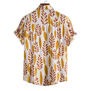Back view of casual men's short-sleeved shirt with yellow and red leaf print patterns