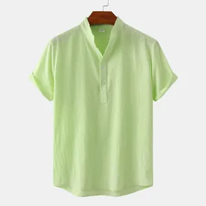 Front view of men's lime green cotton linen shirt with mandarin collar and henley button placket