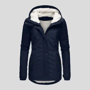 Detailed front view of navy blue women's hooded jacket with warm white fleece lining