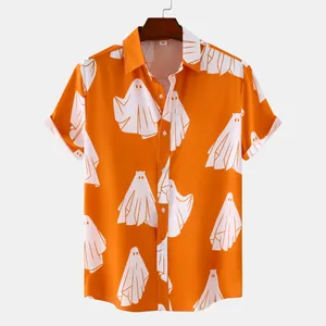 Elegante camicia estiva a maniche corte da uomo con stampa fantasma arancione acceso