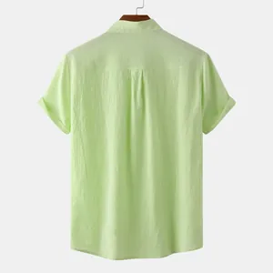 Back view of a breathable men's light green cotton linen casual short sleeve shirt