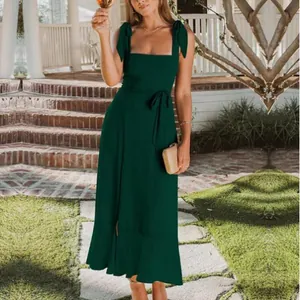 Women Elegant French Style Tie Strap Midi Dress Square Neck Slit Ruffle Hem Sleeveless Polyester Party Vacation Dress