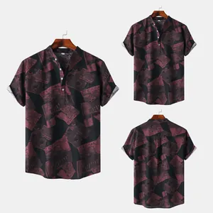 Detailed view of a men's casual short sleeve Hawaiian print shirt with stand collar.