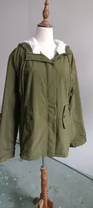 Army green fleece-lined hooded jacket for women with warm white faux fur interior