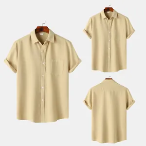 Men's casual khaki short sleeve button-down shirt with textured waffle fabric detail