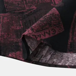 Close-up view of the vintage stamp print on a men's summer cotton short sleeve shirt