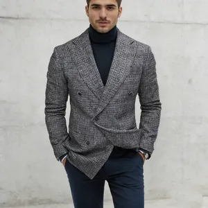Blazer Casual da Uomo a Quadri Doppiopetto Vestibilità Slim Giacca da Abito Stile Britannico Pied de Poule Cappotto Sportivo