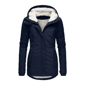 Women's navy blue winter hooded parka jacket with warm white fleece lining and pockets