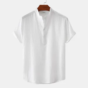 Detail showing texture of white men's cotton linen stand collar casual short sleeve shirt