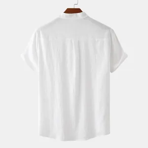 Back view detail of white cotton linen stand collar casual short sleeve shirt for men