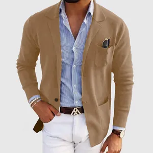 Close-up of a men's khaki slim fit casual blazer jacket, ideal for weddings and parties