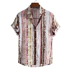Close-up of men's casual short sleeve shirt with vintage pink and brown vertical print
