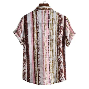 Back view of men's casual short-sleeve shirt with vintage pink and brown vertical stripes