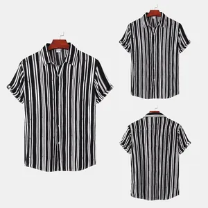 Multi-angle view of a men's short-sleeved casual shirt with vertical black and white stripes
