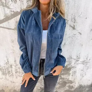 Giacca con Cappuccio in Velluto a Coste a Tinta Unita da Donna Cappotto Casual con Cerniera e Maniche Lunghe con Tasche Top