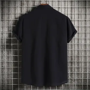 Back view of a minimalist men's black short-sleeved shirt featuring textured breathable fabric