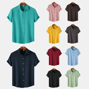 Men's Casual Short Sleeve Shirt Cotton Blend Crinkle Texture Solid Color Lapel Button Up Top Summer Fashion Clothing