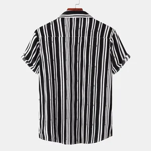 Back view of a casual men's short-sleeved shirt with black and white vertical stripes