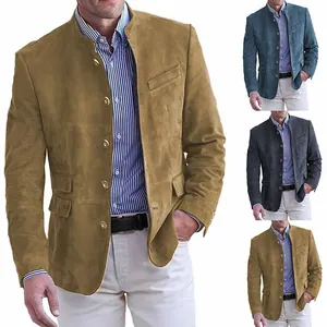 Men's slim fit single-breasted stand collar casual suede blazer in tan, teal and grey