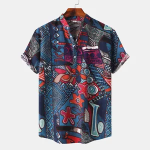 Detail view of men's short-sleeved casual shirt featuring vibrant Hawaiian ethnic prints