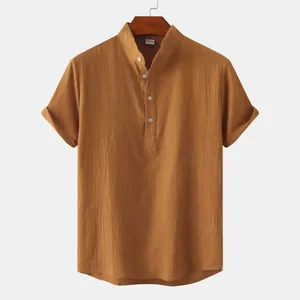 Close-up detail of men's summer cotton linen casual shirt with stand collar and buttons
