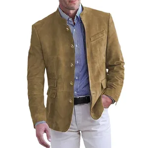 Men's stylish camel single-breasted suede casual blazer jacket featuring elegant gold buttons