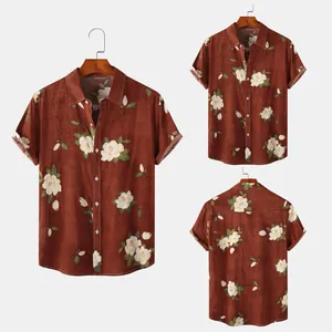 Vista multi-angolo di camicia a maniche corte floreale da uomo color terracotta.