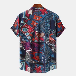 Back view of a vibrant Hawaiian print short-sleeved shirt for men with abstract patterns