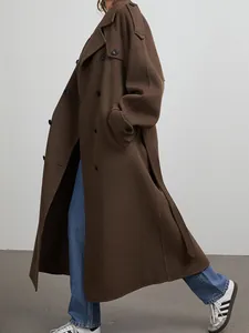 Oversized dark brown wool coat with double-breasted lapel design for women