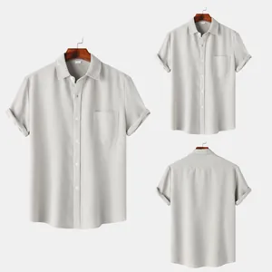 Multi-angle detail views of men's light grey waffle knit short sleeve casual button-up shirt