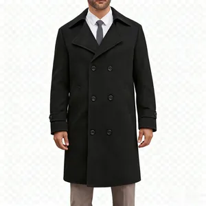 Men's classic black double-breasted wool overcoat featuring a lapel and padding.
