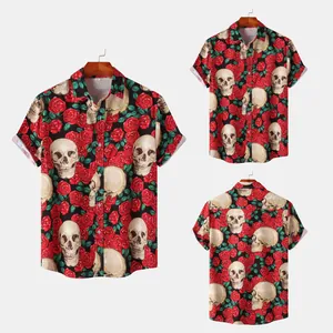 Men's casual short sleeve shirt with skull and rose print shown in front and back views.