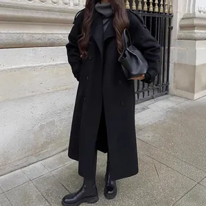 Women Retro Long Woolen Coat Elegant Solid Color Lapel Overcoat Double Breasted Trench Coat With Belt Fall Winter Outerwear Top