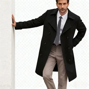Men's black padded wool coat with elegant lapel collar for sophisticated winter style